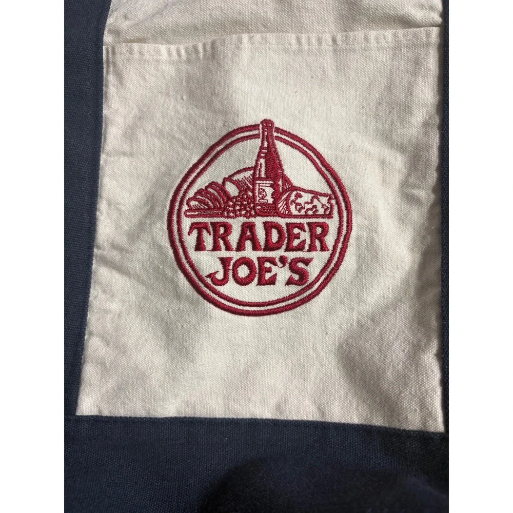 Trader Joe's Canvas Tote Bag Navy Blue Cream Embroidered Logo Reusable t1704